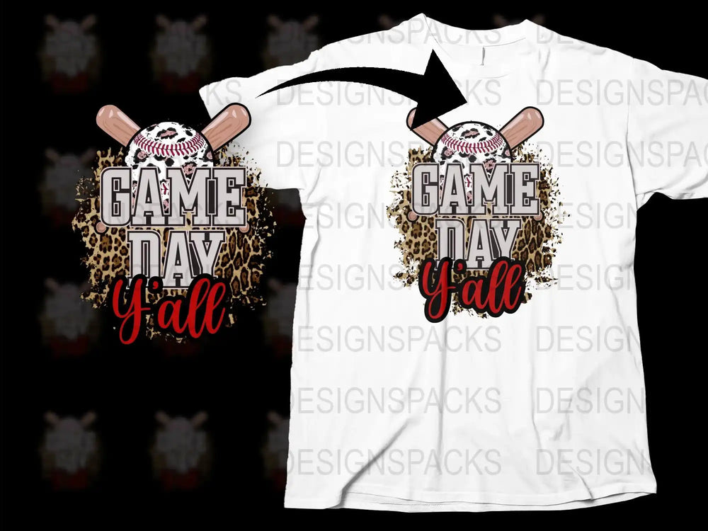Game Day Y'all Baseball T-Shirt, Leopard Print Sports Tee, Casual Game Day Apparel, Women's Baseball Themed Shirt