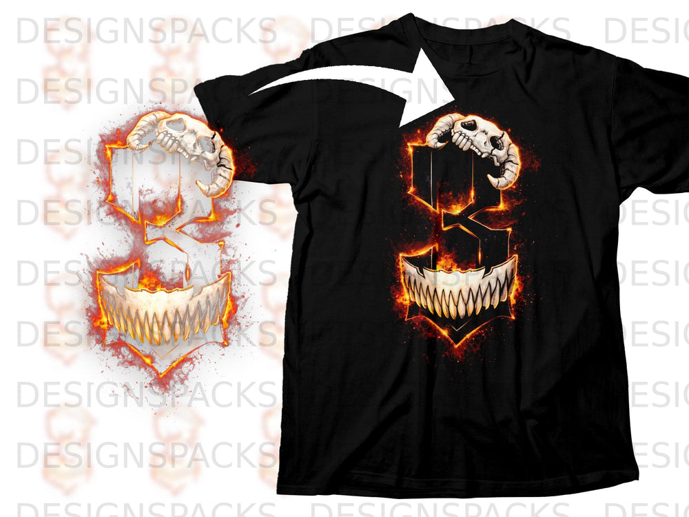 Black t-shirt with flaming ram skull and monster teeth graphic.