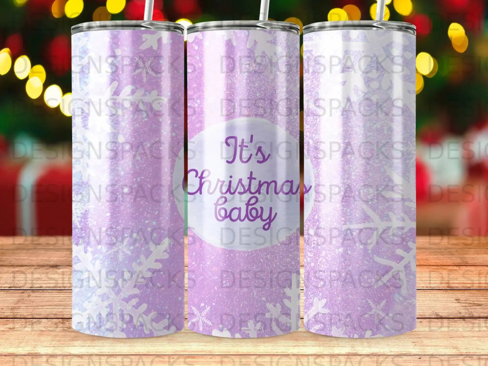 Purple tumbler with "It's Christmas baby" text and glitter overlay.