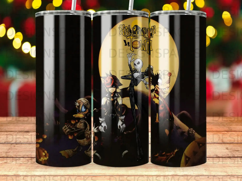 Halloween Town characters Jack Skellington, Donald Duck, and Goofy on a tumbler.