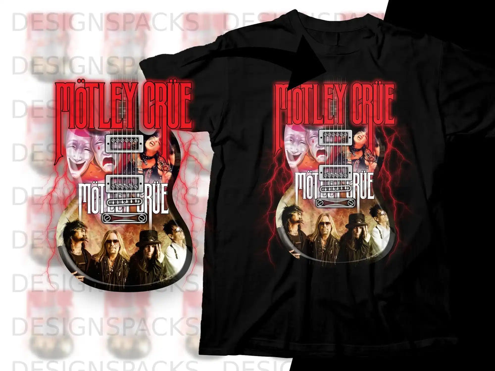 Mötley Crüe band graphic on black t-shirt with guitar and masks.