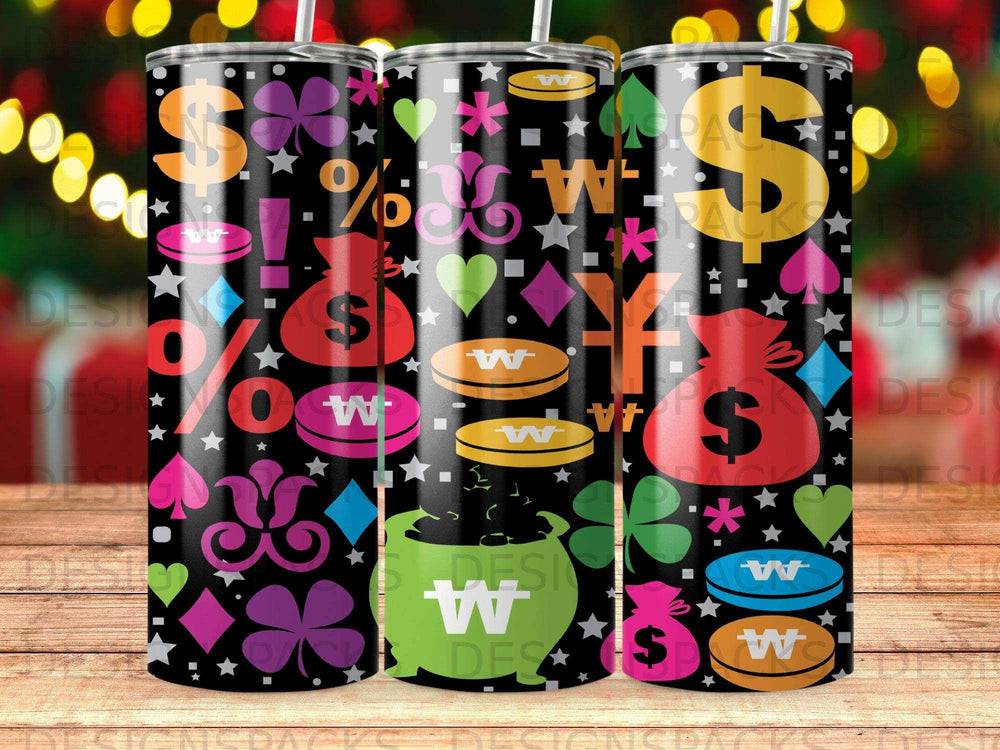 Three tumblers with colorful dollar signs, shamrocks, and playing card suits.