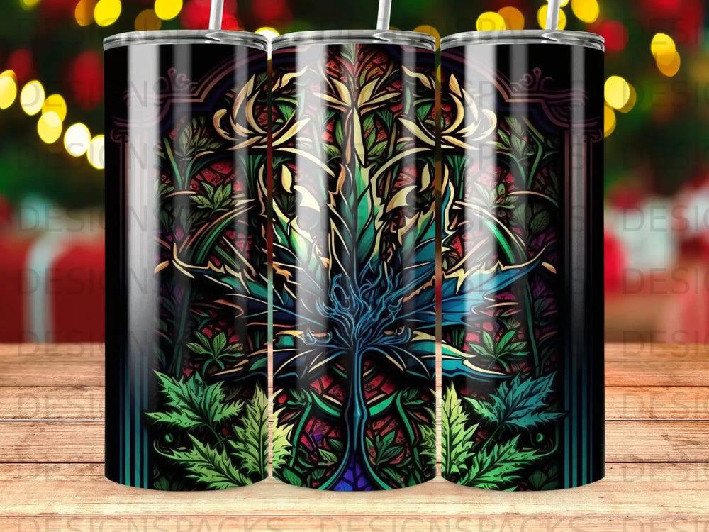 Stained glass style cannabis leaf tumbler with ornate floral and leafy details.