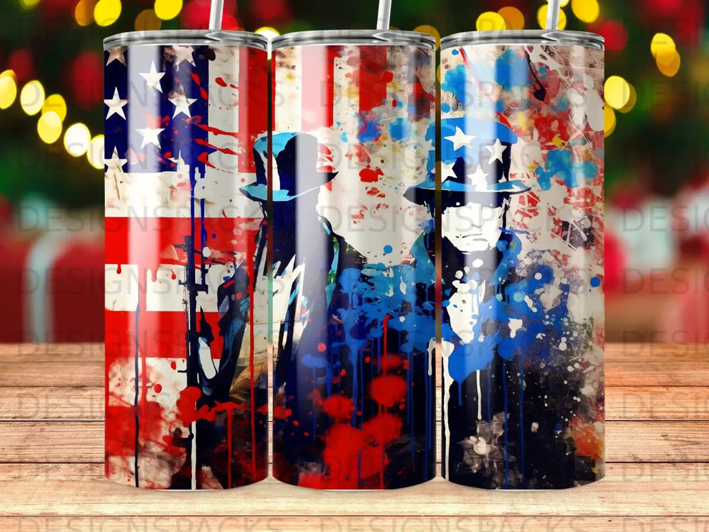 Tumblers with American flag and abstract patriotic artwork.