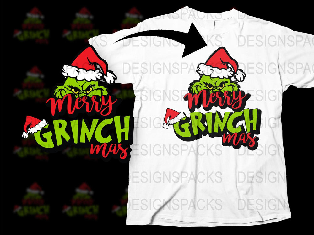 Funny Merry Grinchmas T-Shirt, Christmas Grinch Santa Hat Graphic Tee, Holiday Festive Apparel for Adults