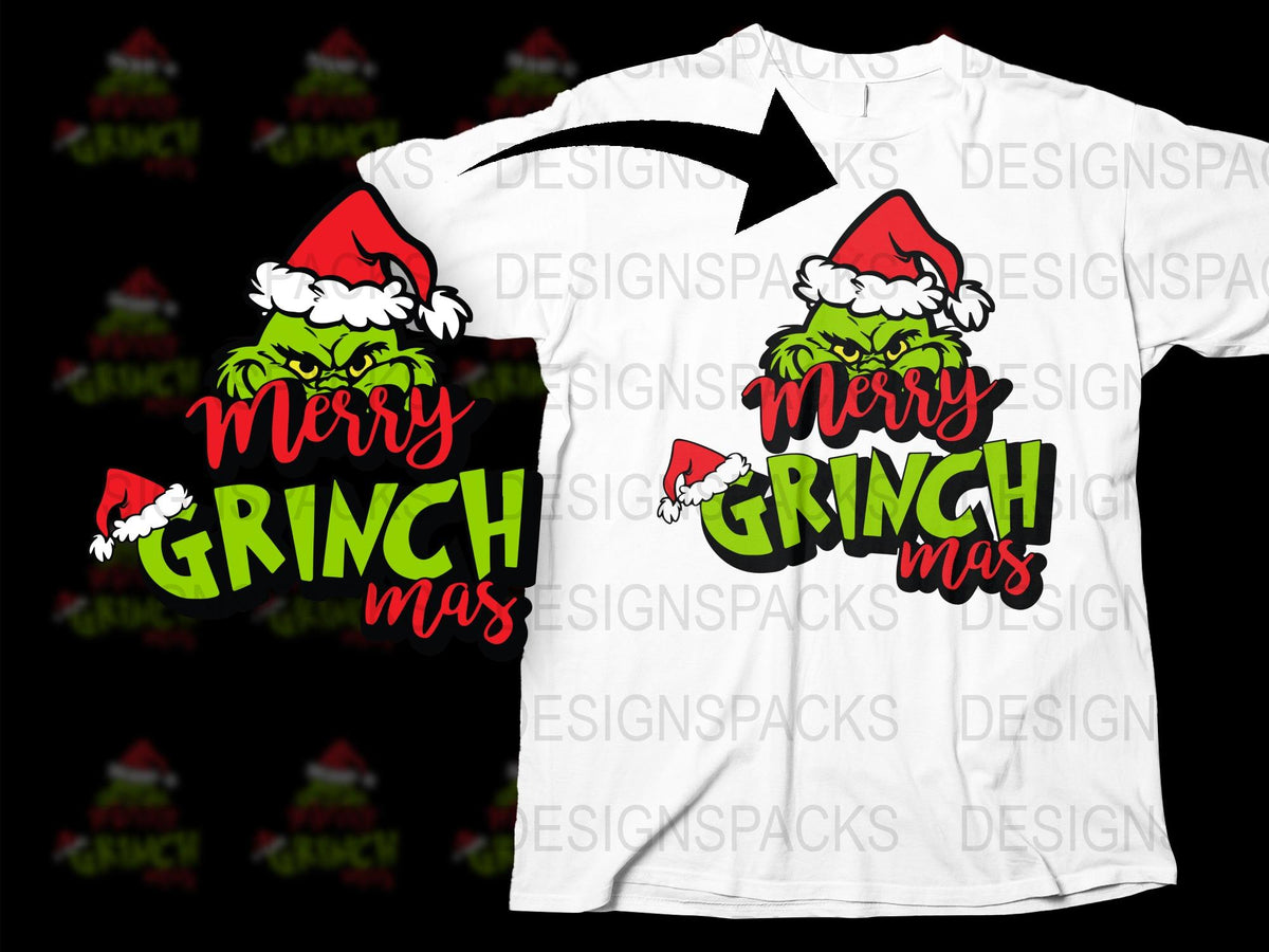 Funny Merry Grinchmas T-Shirt, Christmas Grinch Santa Hat Graphic Tee, Holiday Festive Apparel for Adults