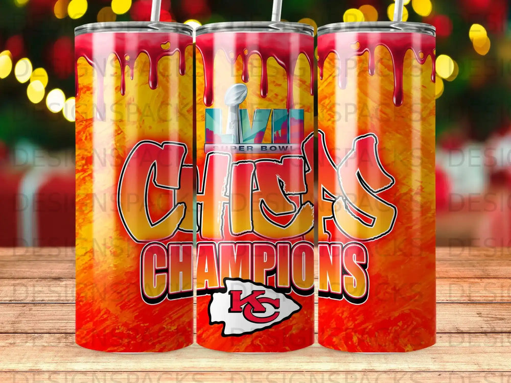Kansas City Chiefs Super Bowl Champions tumbler with red, yellow, and orange design.