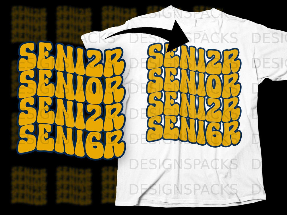 Yellow and blue "SENIOR" text arranged in a grid pattern on a white t-shirt.