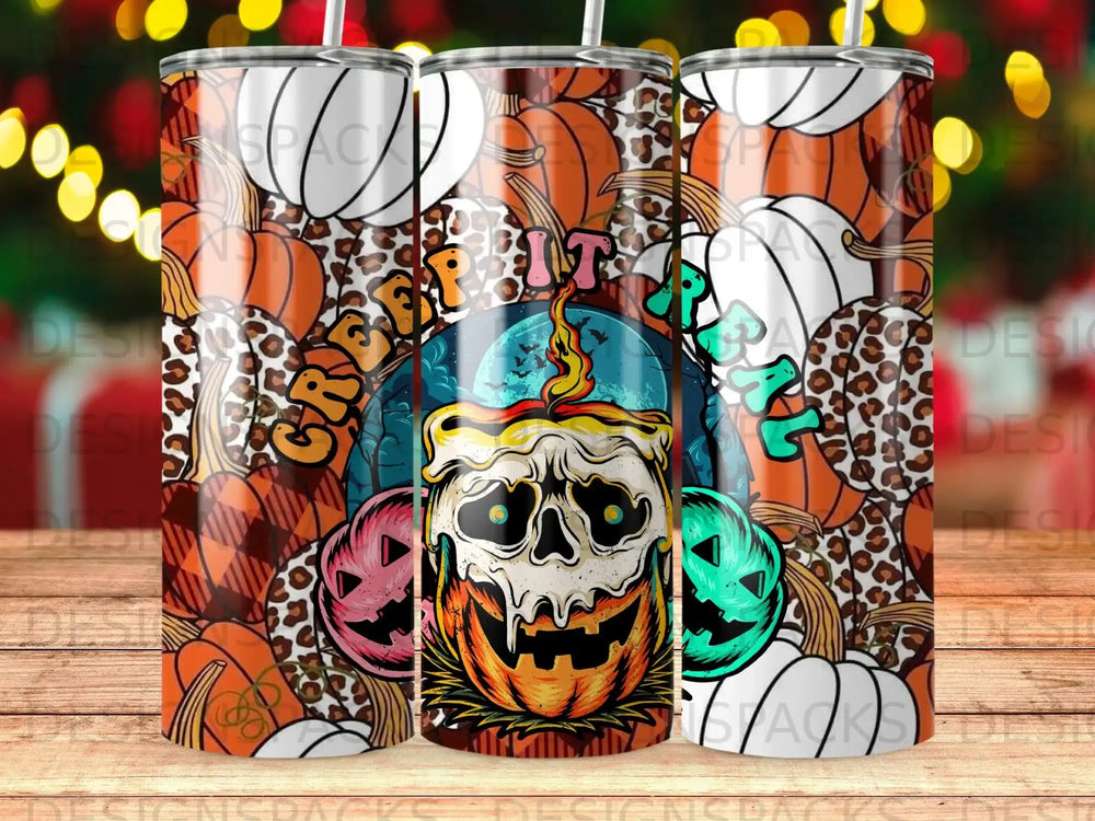 Halloween tumbler with skull pumpkin, leopard print, and plaid patterns.