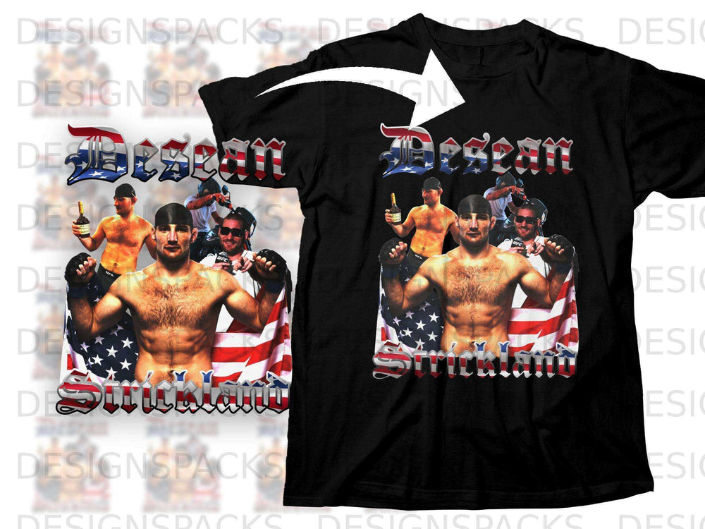 Sean Strickland UFC graphic t-shirt with American flag and "Degean" text.