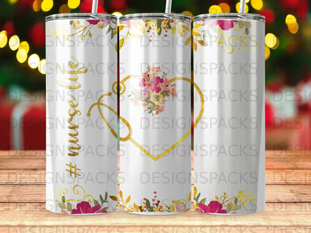Gold stethoscope and "#" with floral accents on a white tumbler.