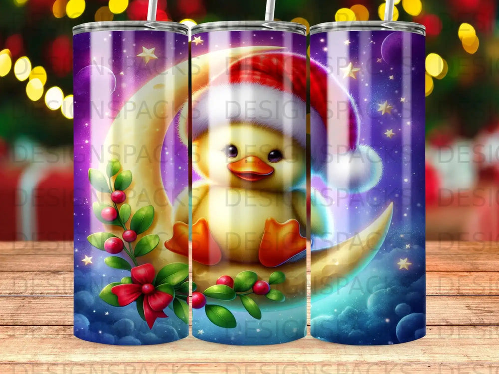 Cute duckling in Santa hat sits on moon with berries and bow.