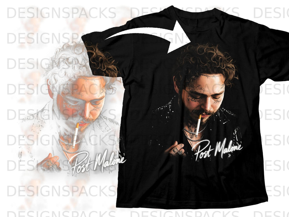 Black t-shirt featuring a portrait of Post Malone with a cigarette.