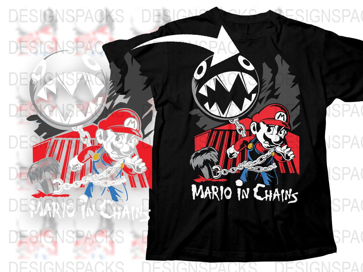 Mario in Chains T-Shirt, Unique Gamer Tee, Graphic Novelty Shirt, Gaming Fan Gift, Cool Video Game Apparel, Black Cotton Top