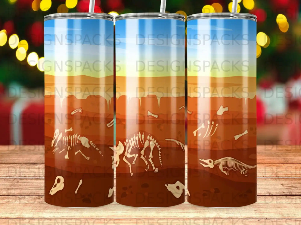 Tumbler with dinosaur skeleton fossil pattern and colorful sky background.