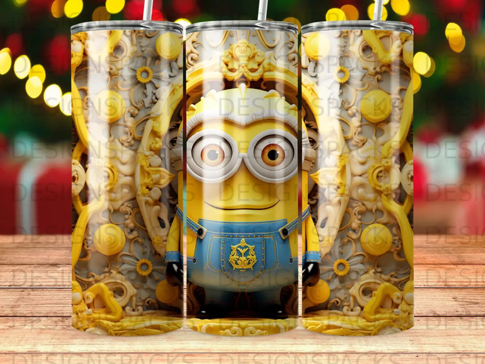 Minions character design with ornate gold background.