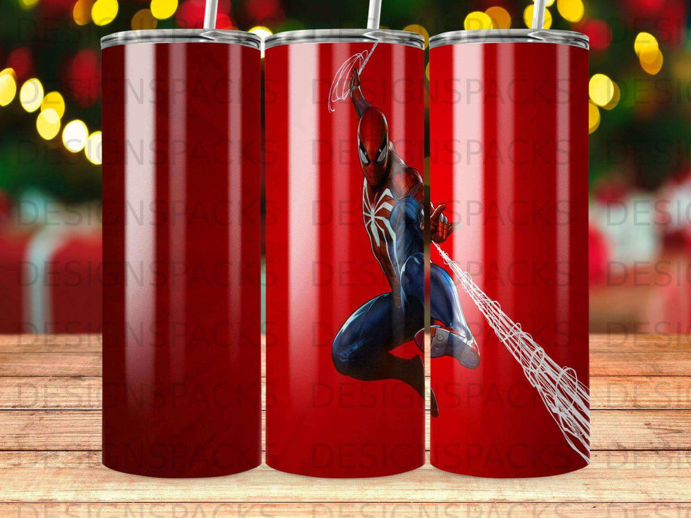 Spider-Man in a dynamic pose against a red background with repeating "DESIGNSPACKS" text.