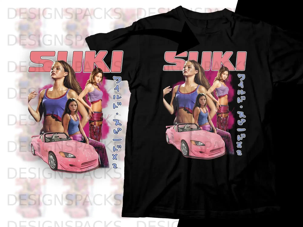 T-shirt with women, pink car, and Japanese text.