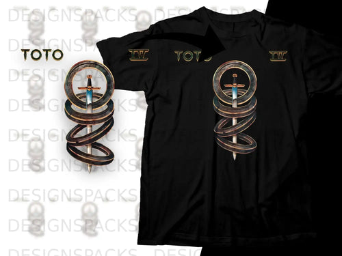 Black t-shirt featuring the band Toto logo and a coiled sword graphic.