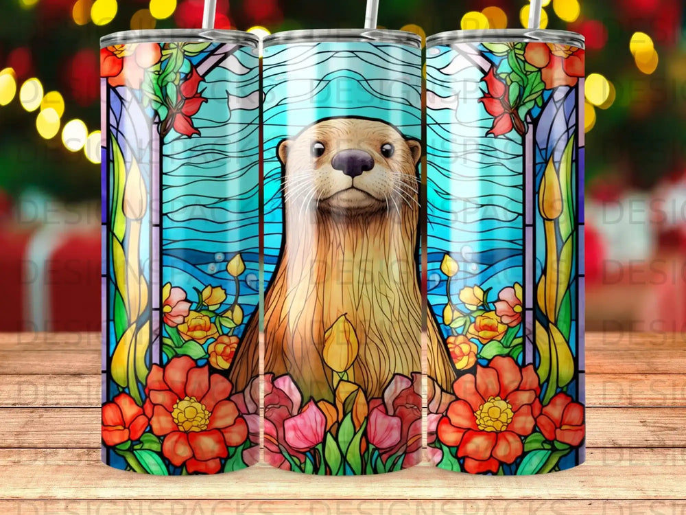 Stained glass otter with floral and aquatic motifs.