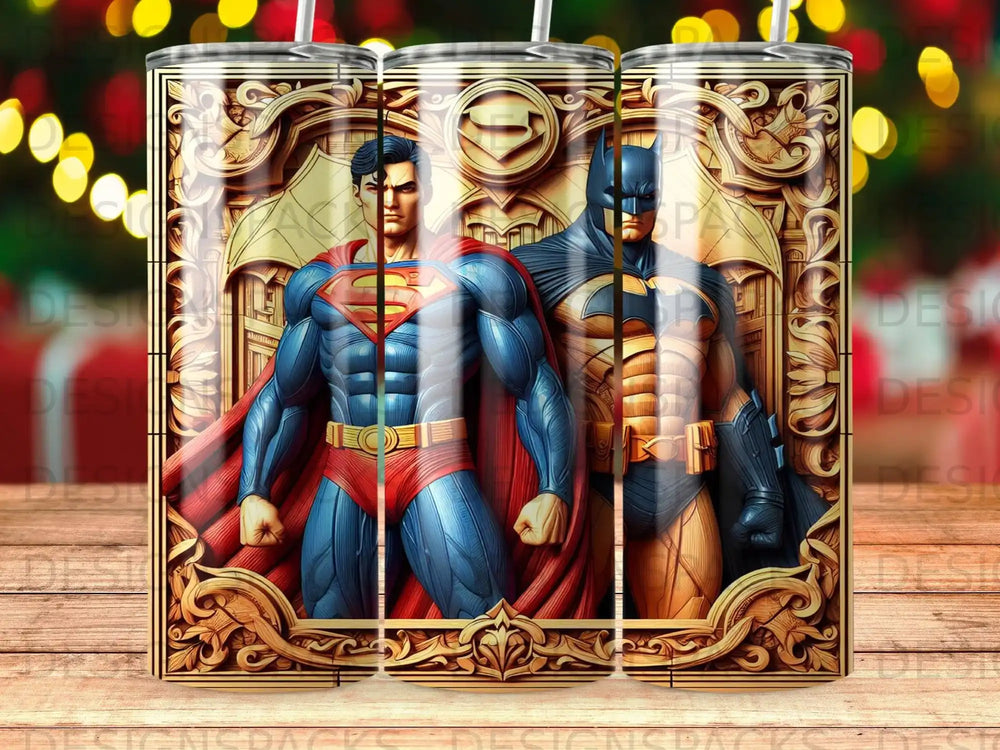 Superman and Batman stand side-by-side in ornate golden frames.