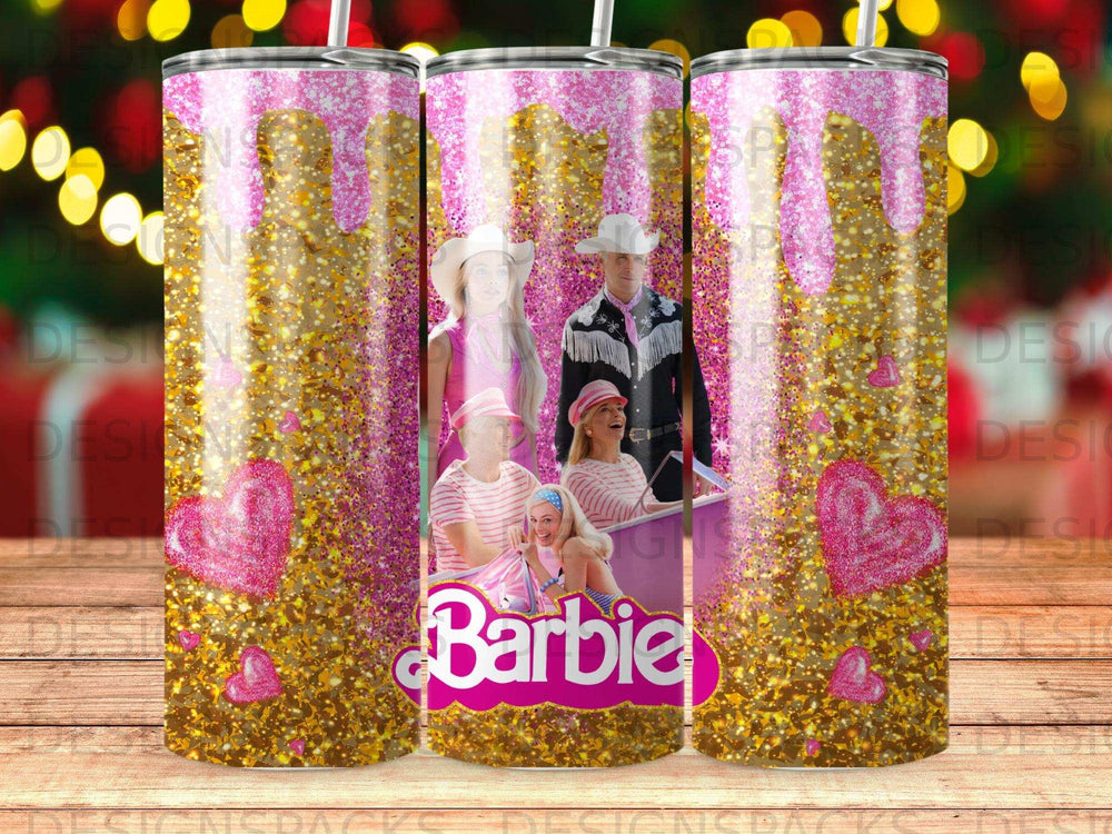Pink glitter tumbler with Barbie logo and hearts.