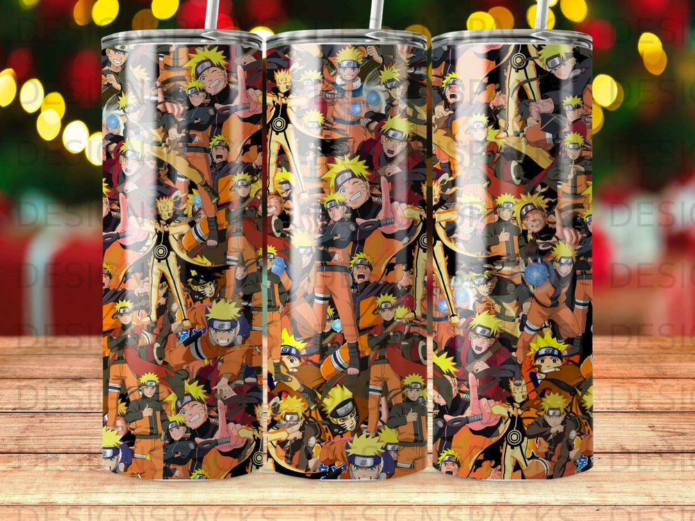 Naruto Uzumaki characters in dynamic poses fill a seamless pattern tumbler.