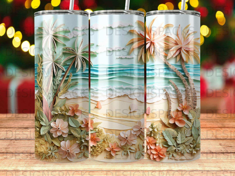 Tropical beach scene with palm trees, ocean waves, and floral accents on a tumbler.