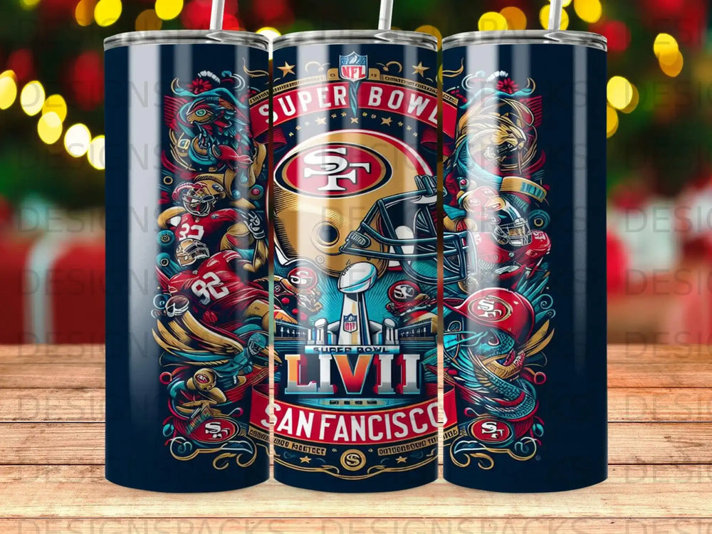 Super Bowl LIV San Francisco 49ers tumbler with helmets and NFL logo.