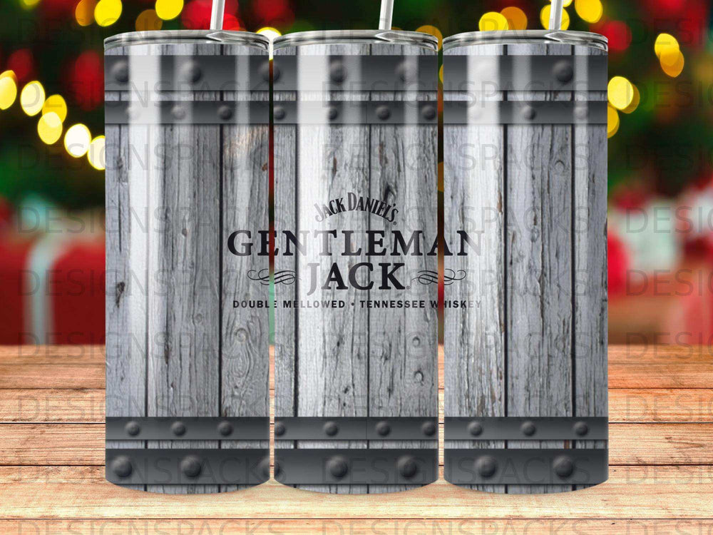 Jack Daniel's Gentleman Jack whiskey tumbler with wooden barrel design.