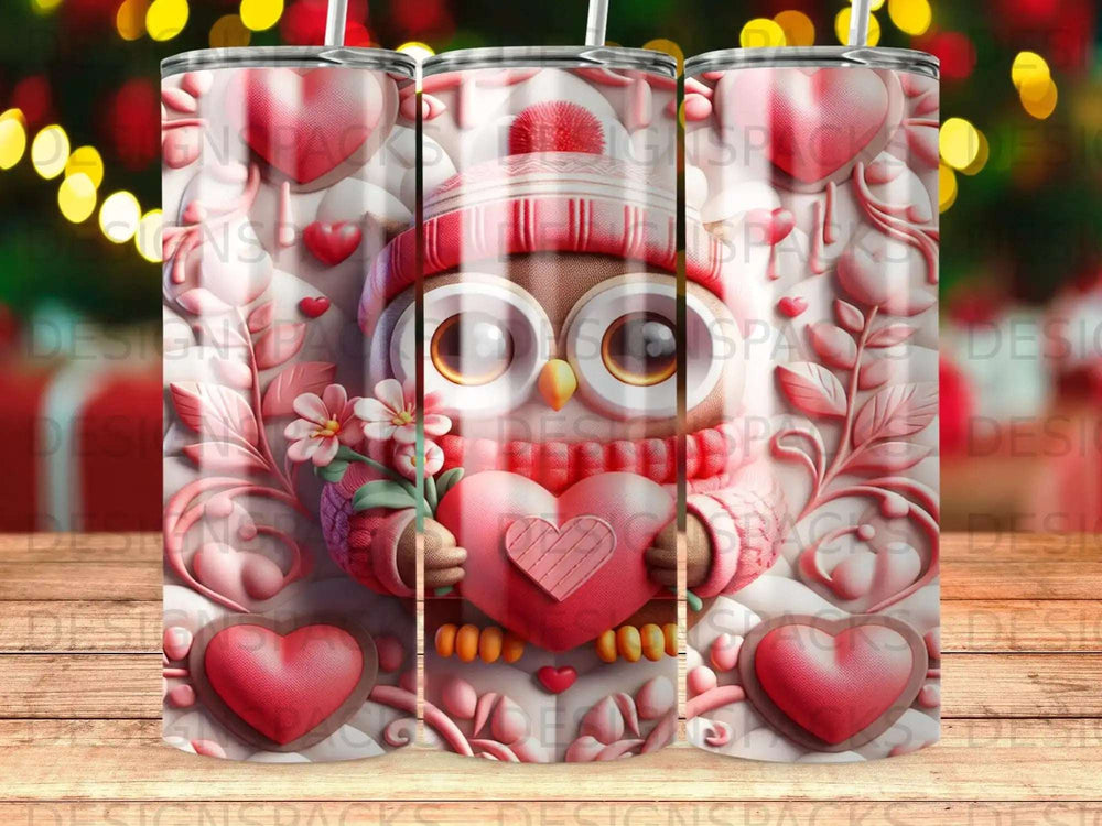 Pink owl wearing a striped hat holds a heart, surrounded by hearts and floral elements.