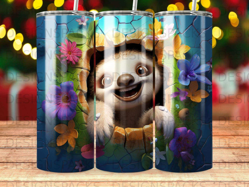 Cartoon sloth peeking through a torn wall, surrounded by colorful flowers.