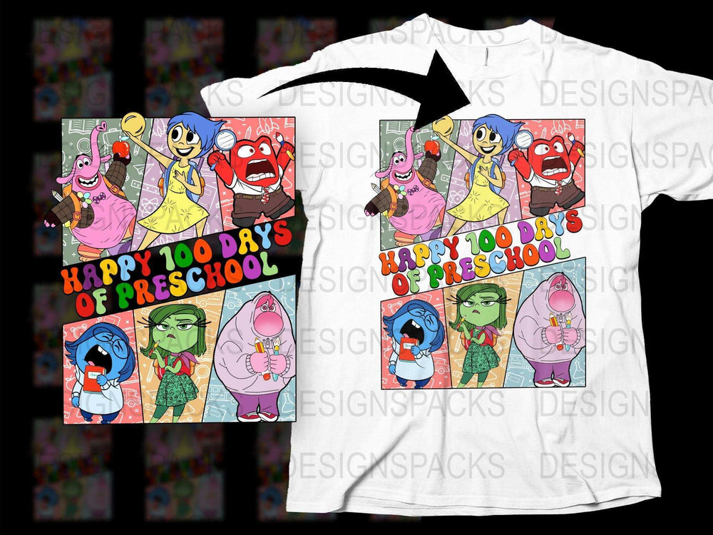 Happy 100 Days of Preschool T-Shirt, Colorful Cartoon Characters, Kids Celebration Tee, Cute School Milestone Shirt