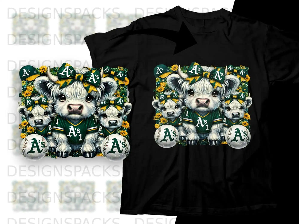 Cartoon cows in baseball uniforms with "A's" logo, holding baseballs.