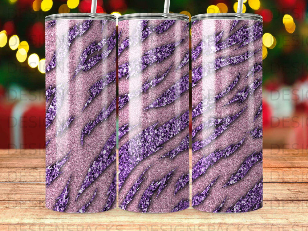 Three tumblers with a glittery purple tiger stripe pattern.