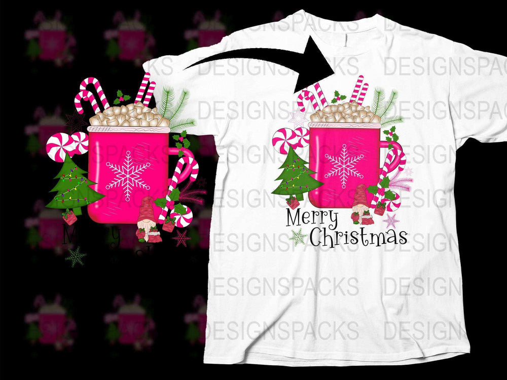 Merry Christmas T-Shirt, Pink Hot Chocolate Mug, Candy Cane Graphic Tee, Festive Holiday Apparel