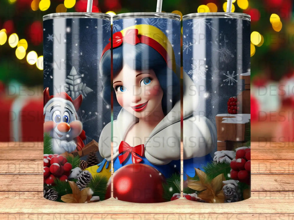 Snow White in red and yellow dress with blue background and snowflakes.