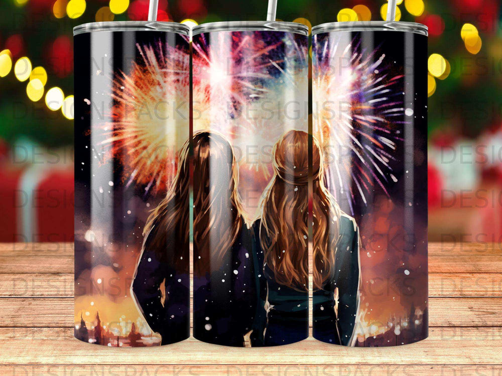 Two women watch fireworks from a rooftop.
