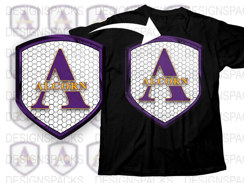 Alcorn Shield Logo T-Shirt, Purple and Gold Lettering, Hexagon Pattern, Stylish Unisex Apparel