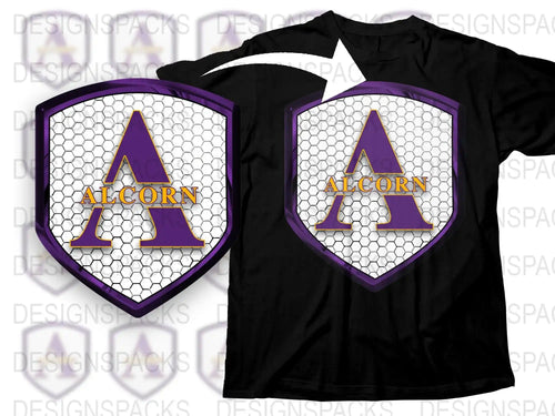 Alcorn Shield Logo T-Shirt, Purple and Gold Lettering, Hexagon Pattern, Stylish Unisex Apparel