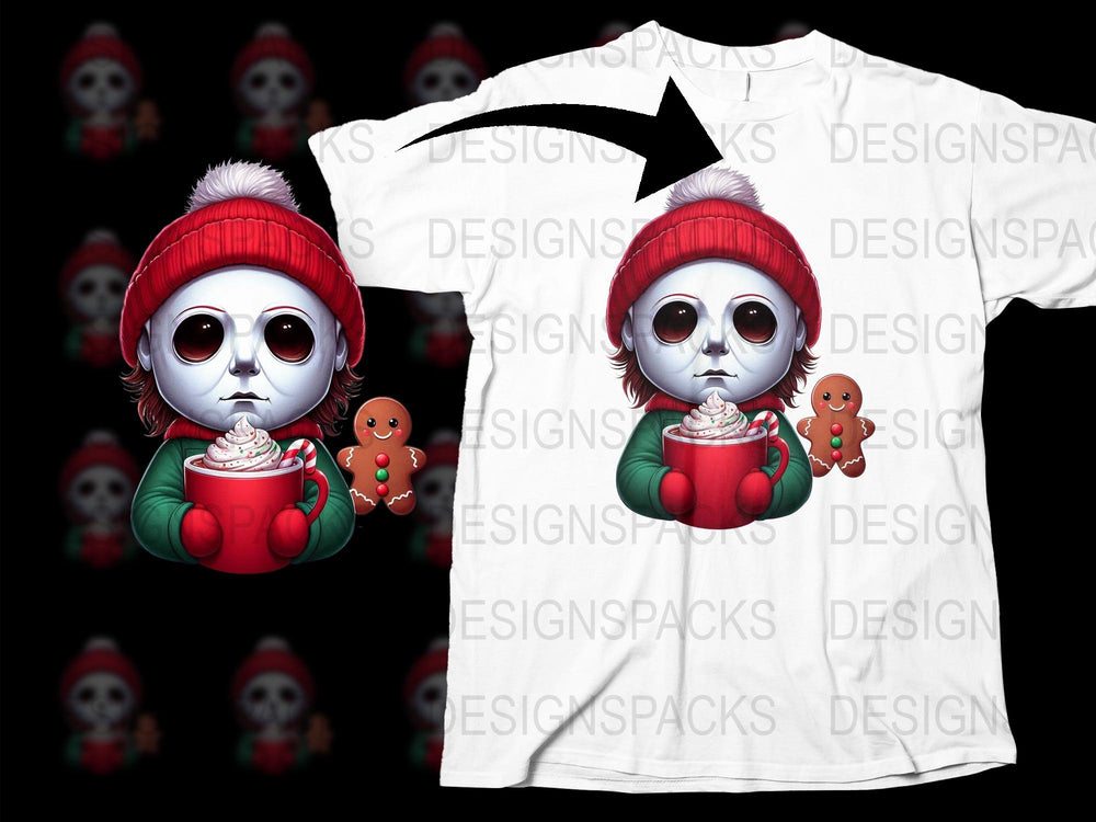 Cute Skull Girl T-Shirt, Red Beanie Winter Outfit, Coffee Cup, Gingerbread, Holiday Tee
