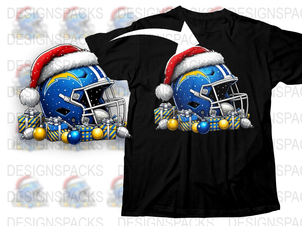 Festive Football Helmets Christmas T-Shirt, Holiday Sports Apparel, Graphic Tee with Santa Hats, Winter Casual Wear