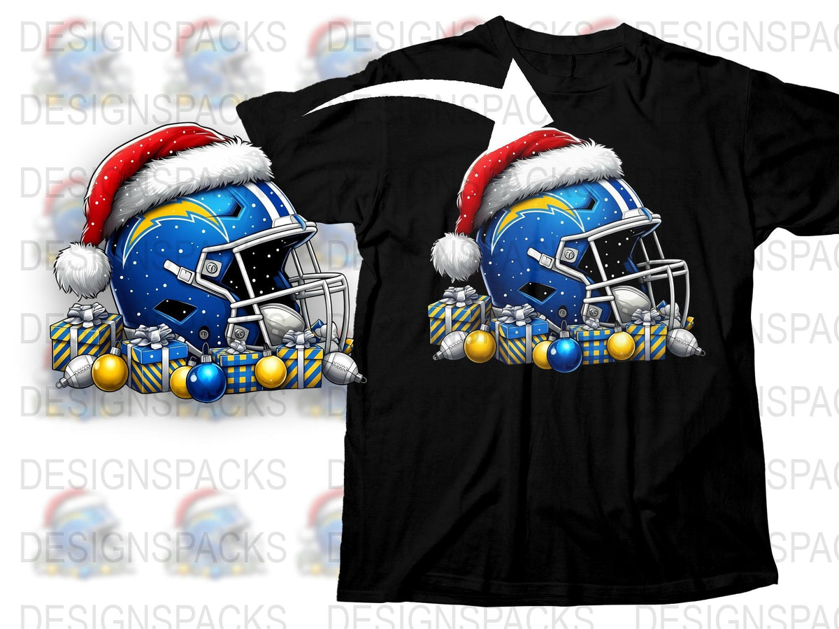 Festive Football Helmets Christmas T-Shirt, Holiday Sports Apparel, Graphic Tee with Santa Hats, Winter Casual Wear