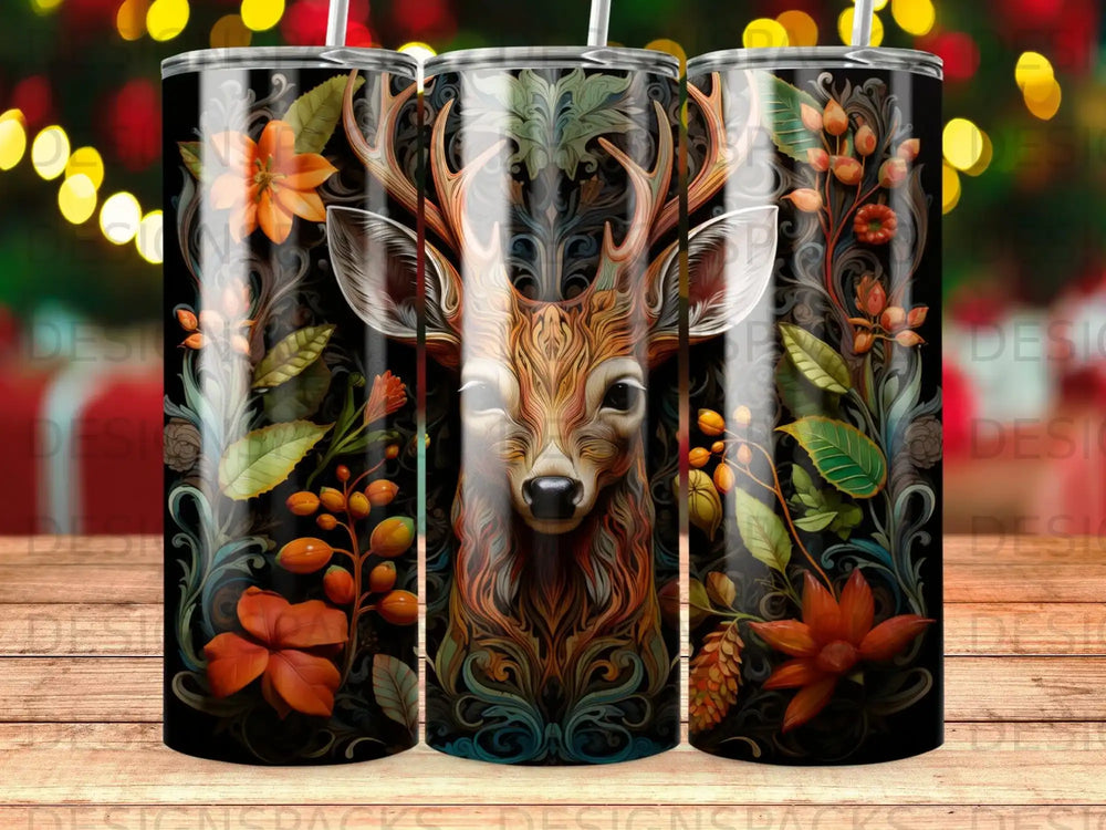 Deer with autumn floral patterns on a tumbler.