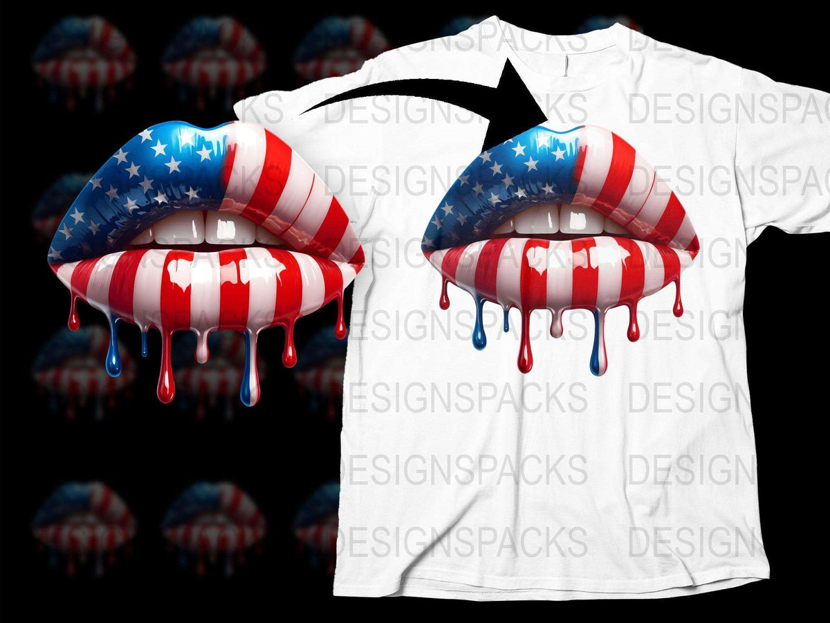 Patriotic Lips T-Shirt, American Flag Print, USA Dripping Lip Graphic Tee, Independence Day Apparel