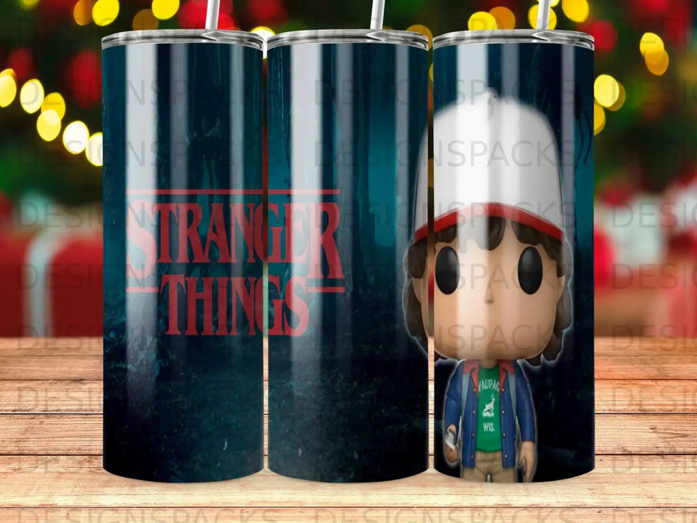 Stranger Things tumbler with character graphic and blue, dark background.