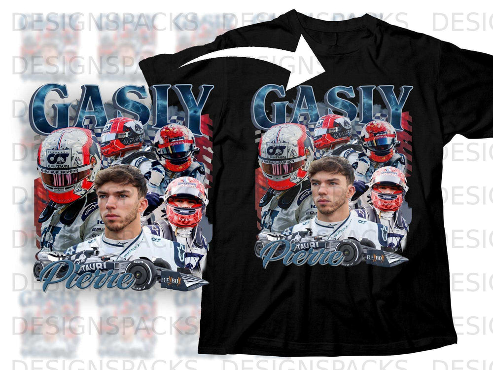 T-shirt with Pierre Gasly and AlphaTauri Formula 1 drivers and logos.