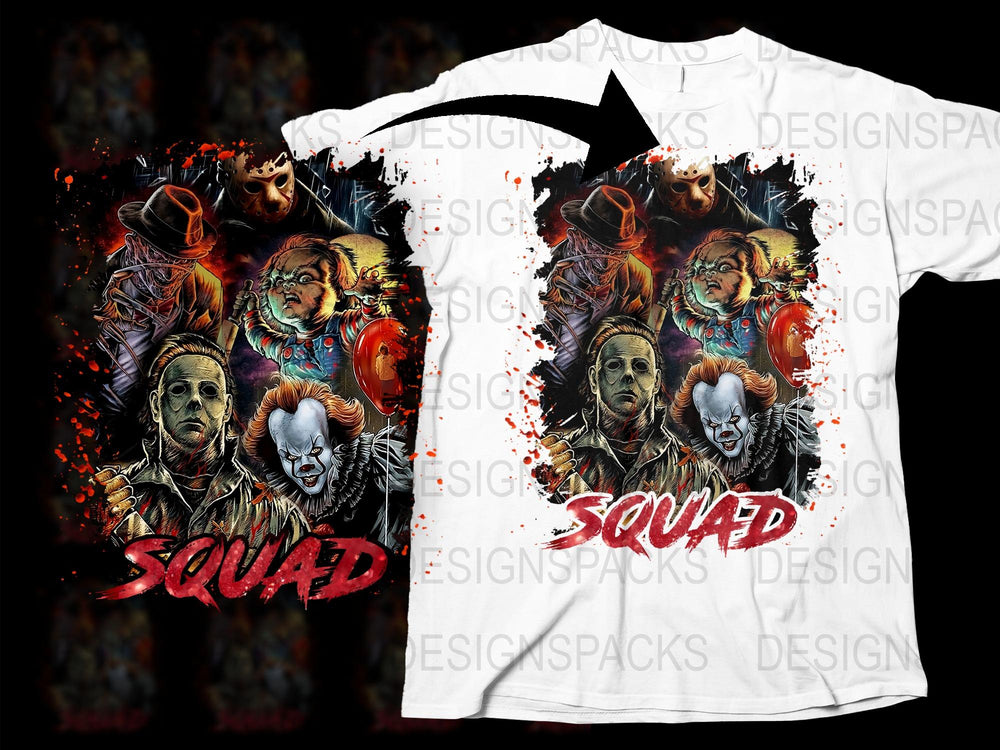 Horror Movie Icon T-Shirt, Scary Film Character Squad Graphic Tee, Unisex Horror Apparel, Halloween Party Fashion Shirt
