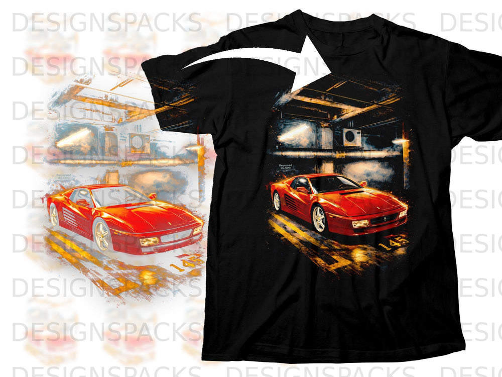 Black t-shirt featuring a red sports car artwork with yellow accents and the number 145.