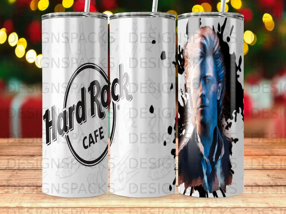 Tumbler with "Hard Rock Cafe" logo and a portrait of Jimi Hendrix.